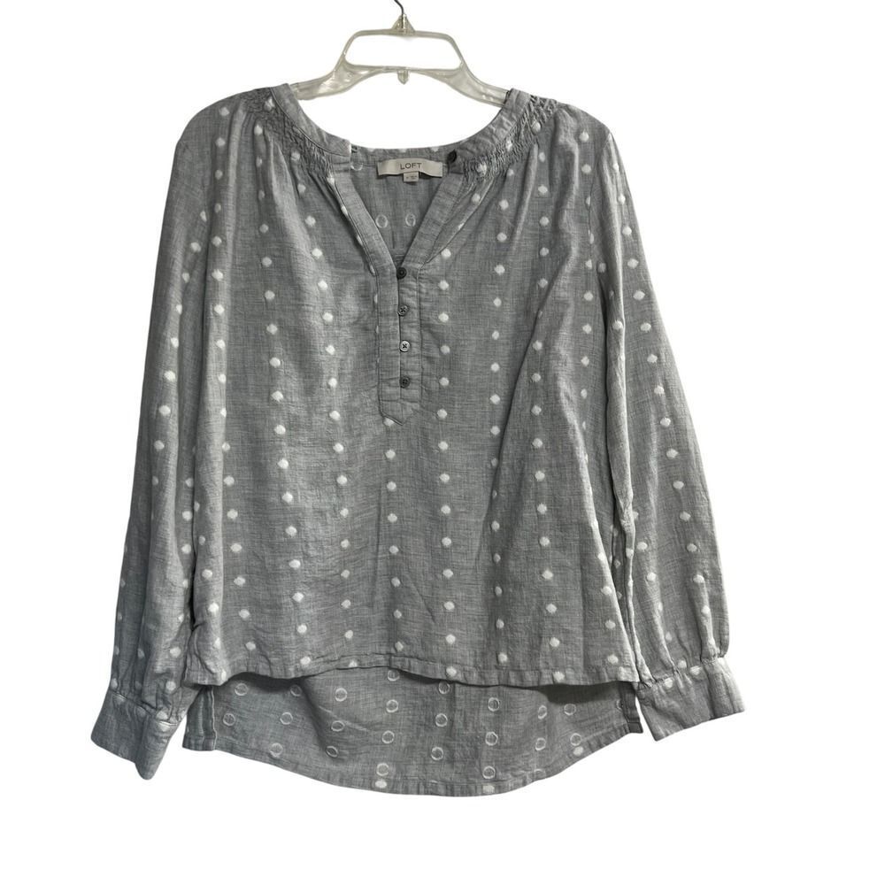 LOFT Women's Henley Polka‎ Dot Long Sleeve Top Size Medium Gray & White